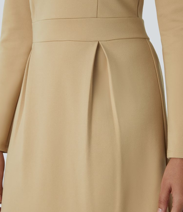 Round Neck Shoulder Pad Long Sleeve Hem Slim Mini Work Dress