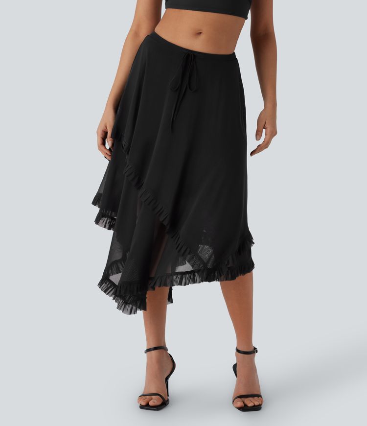 Mesh Mid Rise Drawstring Frill Asymmetric Hem 2-in-1 Resort Flowy Skirt