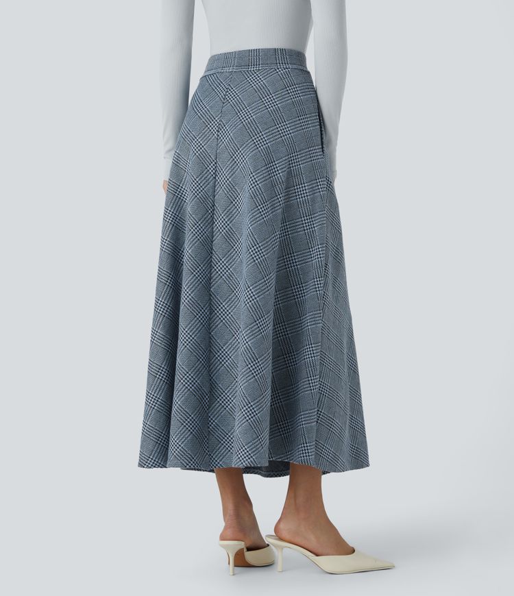 High Waisted Pocket Houndstooth Plaid Flare Midi Casual Skirt
