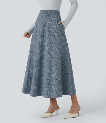 High Waisted Pocket Houndstooth Plaid Flare Midi Casual Skirt