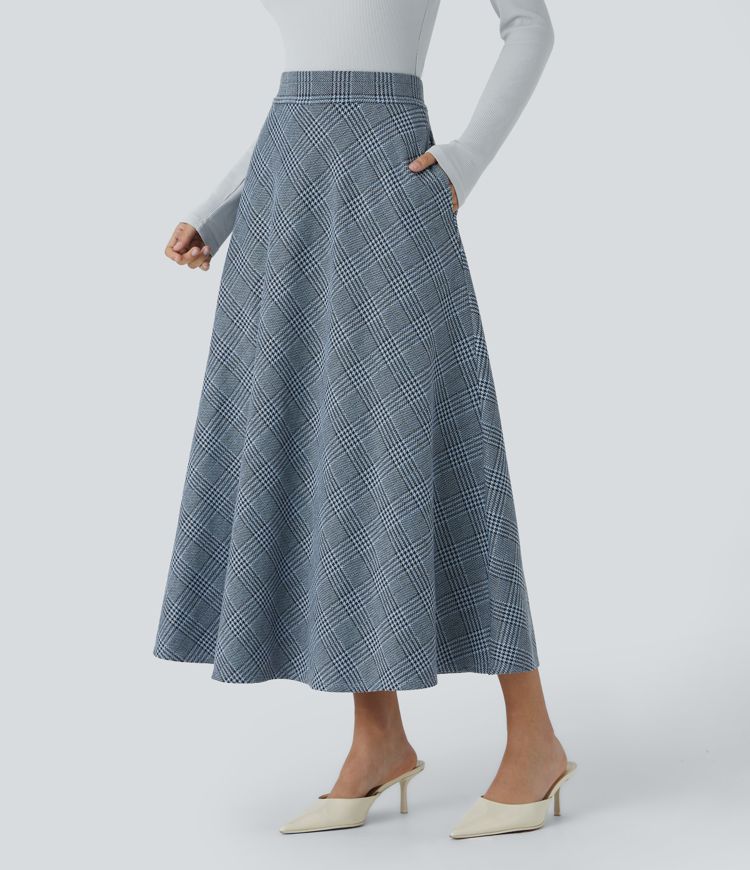 High Waisted Pocket Houndstooth Plaid Flare Midi Casual Skirt