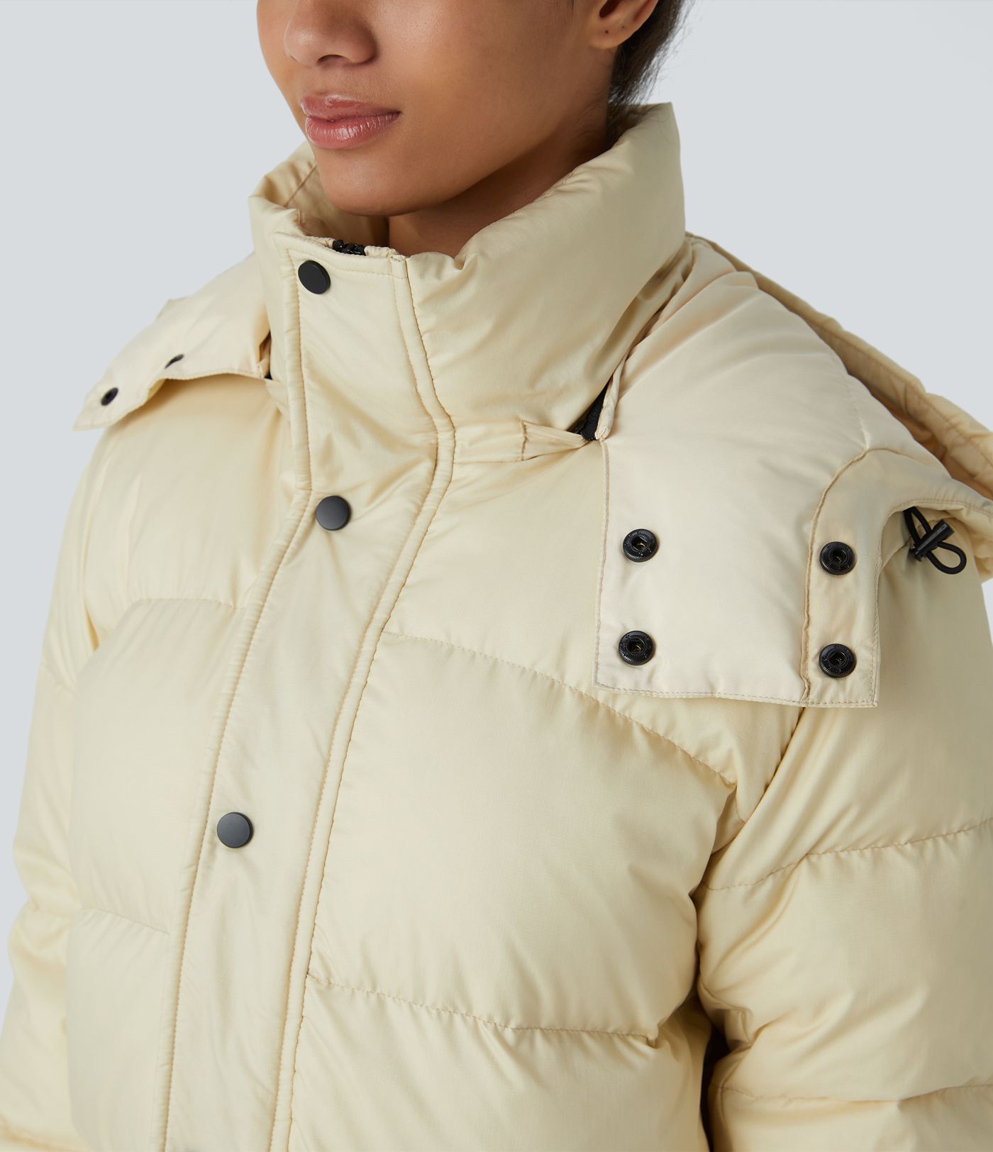 Water Repellent Removable Hood Stand Collar Button Zipper Long Sleeve Multiple Pockets Adjustable Drawcord Casual Puffer Down Jacket