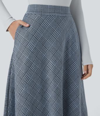 High Waisted Pocket Houndstooth Plaid Flare Midi Casual Skirt