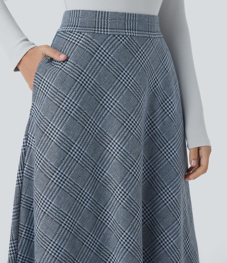 High Waisted Pocket Houndstooth Plaid Flare Midi Casual Skirt