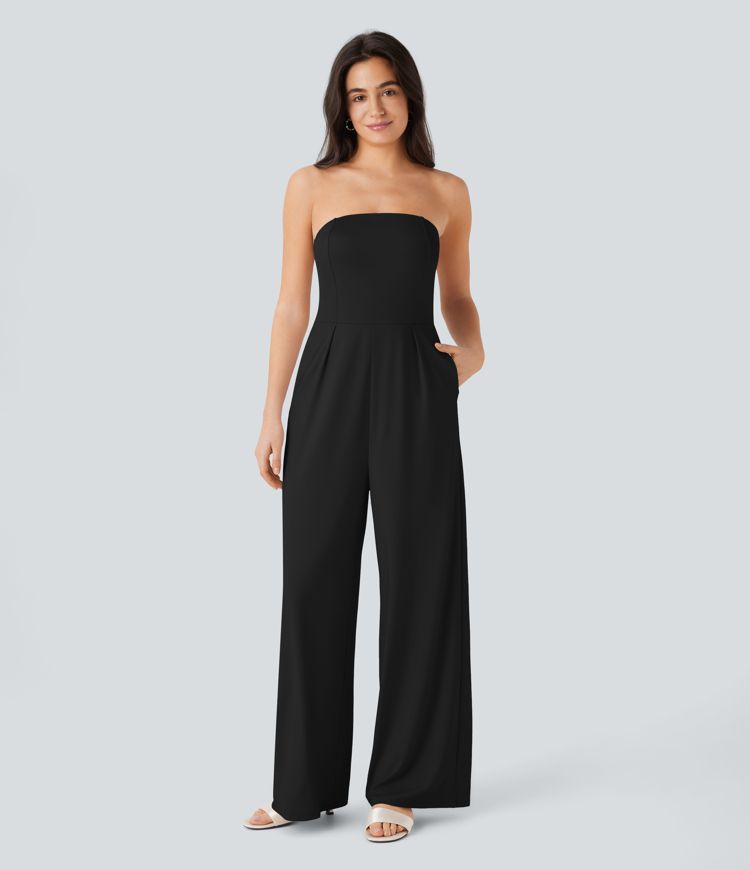 Tube Side Pocket Invisible Zipper Wide Leg Bridesmaid and Wedding Guest Jumpsuit-Easy Peezy