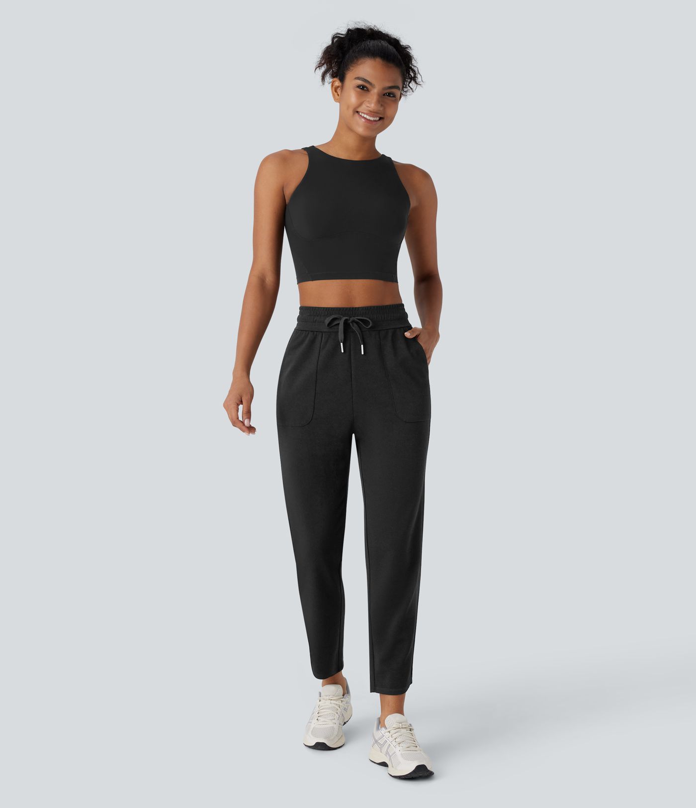 High Waisted Drawstring Pocket Tapered Running Pants
