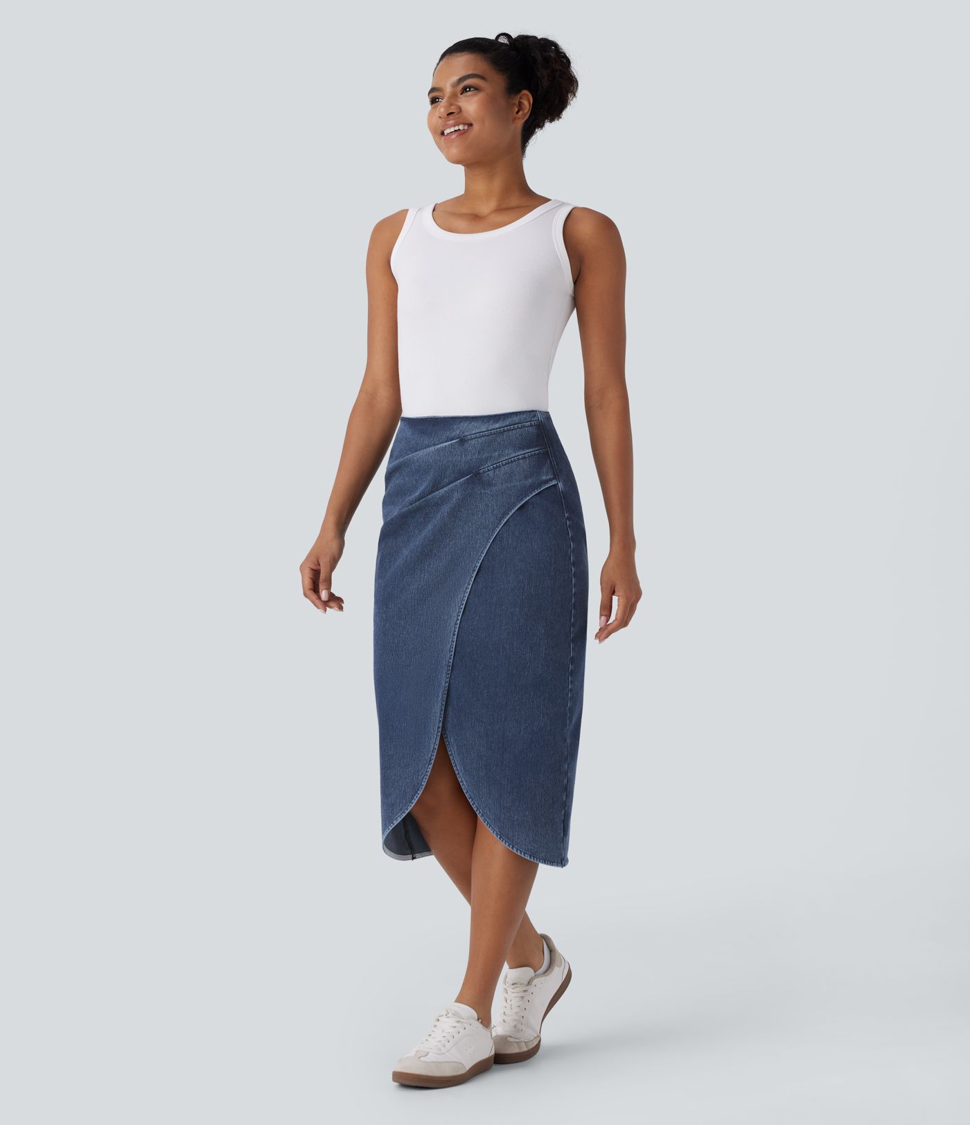 Halara Flex™ High Waisted Back Zipper Ruched Tulip Hem Midi Washed Denim Women Casual Skirt