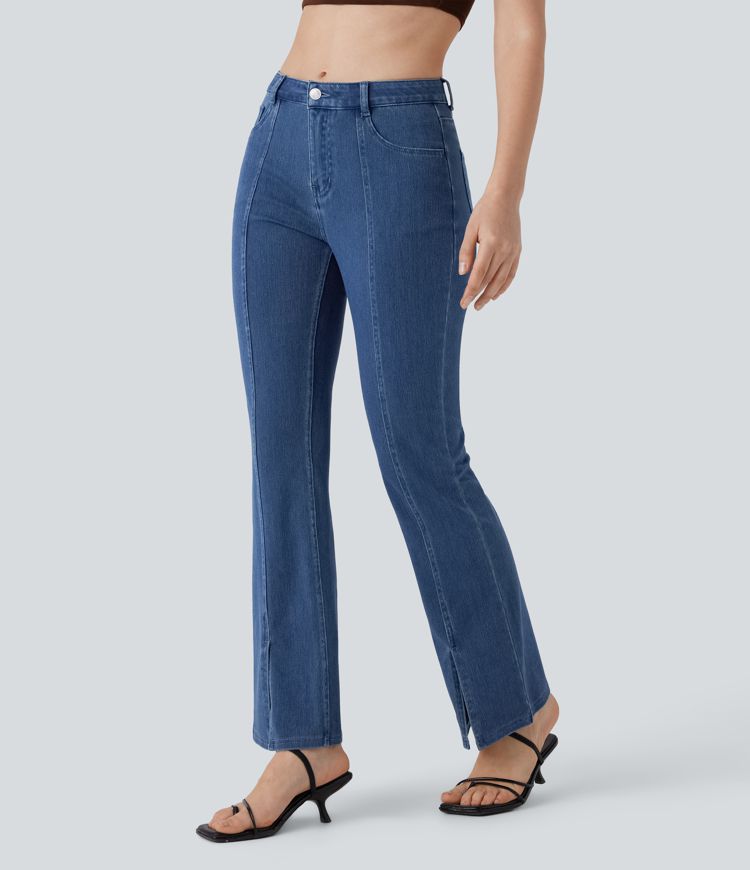 Halara Flex™ Mid Rise Multiple Pockets Split Washed Stretchy Knit Casual Bootcut Jeans