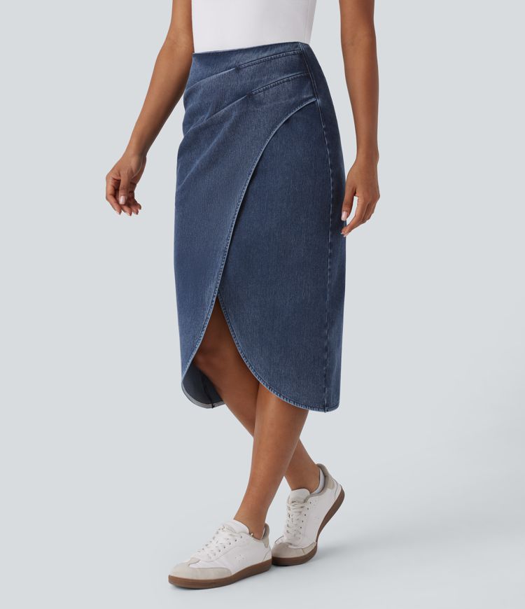 Halara Flex™ High Waisted Back Zipper Ruched Tulip Hem Midi Washed Denim Women Casual Skirt