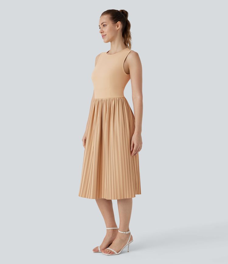 Sleeveless Draped Pliss Midi Casual Dress