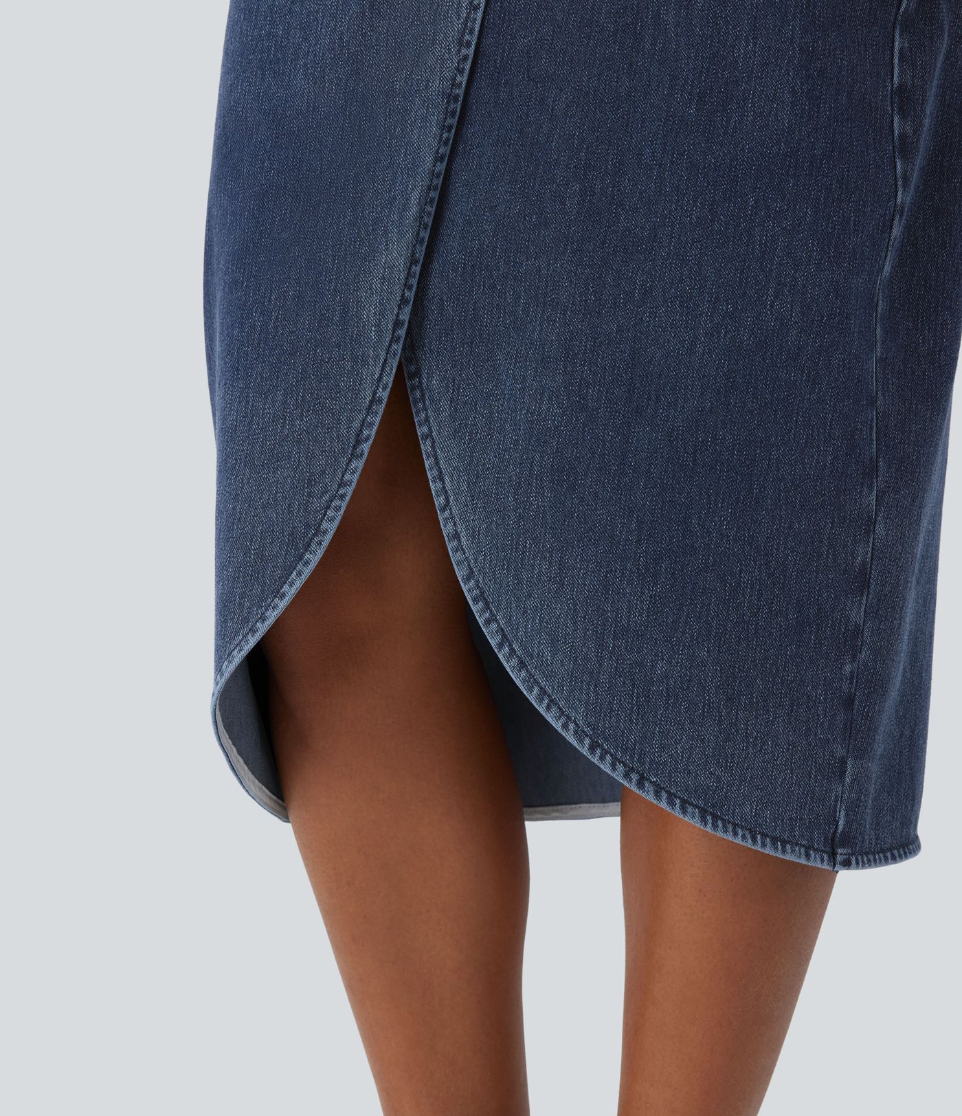 Halara Flex™ High Waisted Back Zipper Ruched Tulip Hem Midi Washed Denim Women Casual Skirt