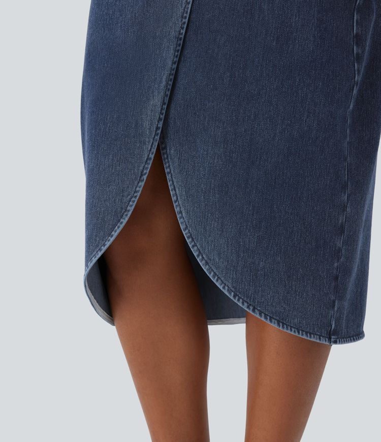 Halara Flex™ High Waisted Back Zipper Ruched Tulip Hem Midi Washed Denim Women Casual Skirt