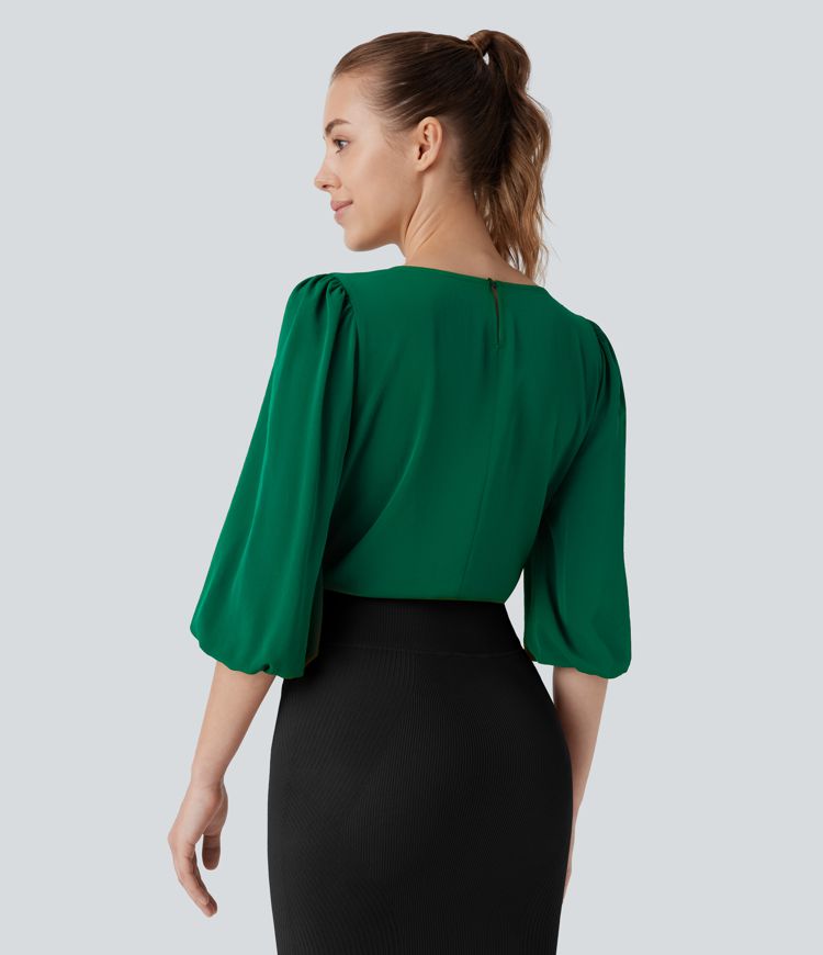 Boat Neck Keyhole Back Bishop Sleeve Work Blouse