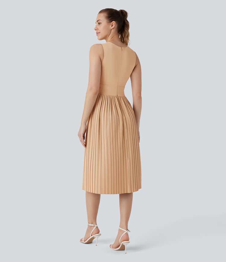 Sleeveless Draped Pliss Midi Casual Dress