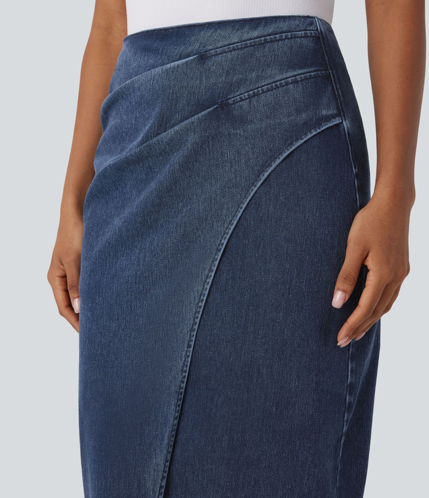 Halara Flex™ High Waisted Back Zipper Ruched Tulip Hem Midi Washed Denim Women Casual Skirt