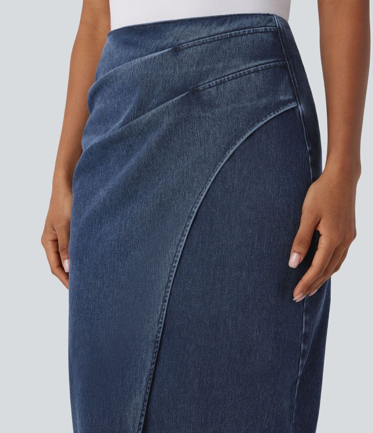 Halara Flex™ High Waisted Back Zipper Ruched Tulip Hem Midi Washed Denim Women Casual Skirt