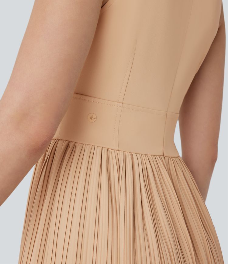 Sleeveless Draped Pliss Midi Casual Dress