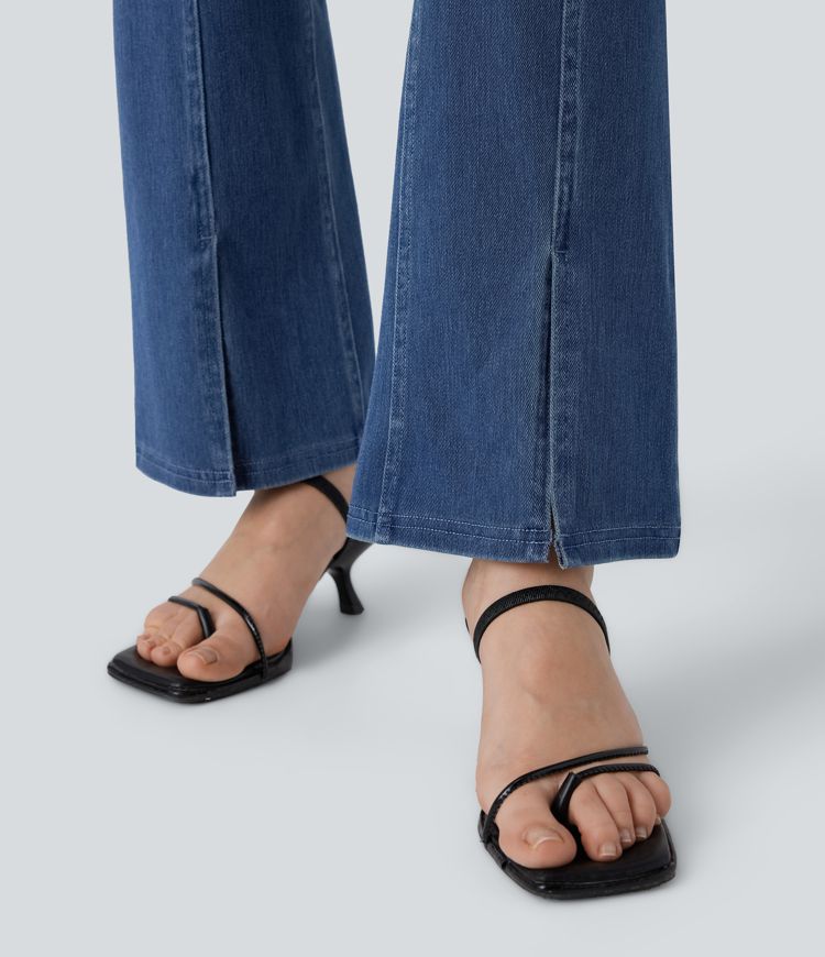 Halara Flex™ Mid Rise Multiple Pockets Split Washed Stretchy Knit Casual Bootcut Jeans