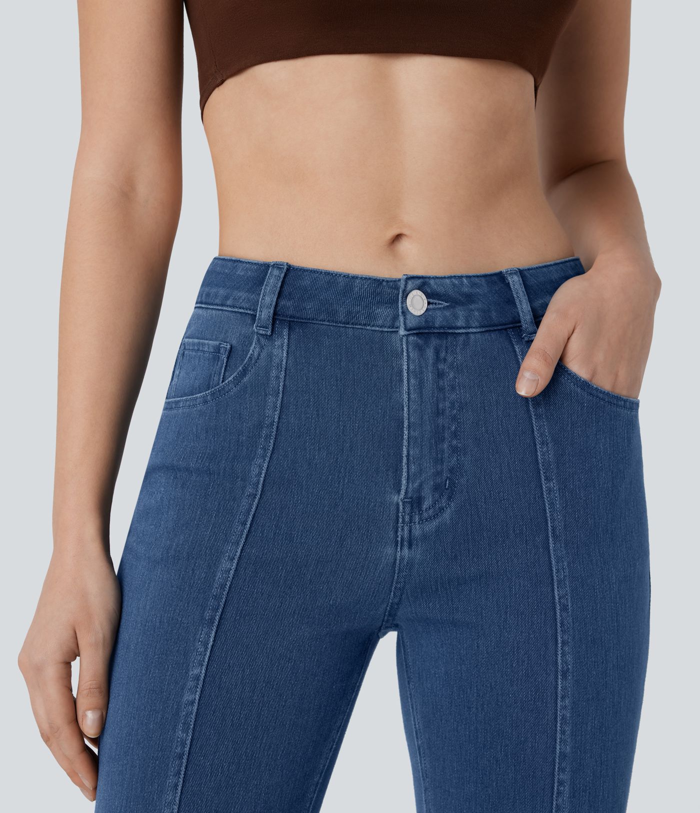 Halara Flex™ Mid Rise Multiple Pockets Split Washed Stretchy Knit Casual Bootcut Jeans