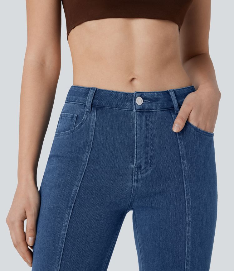 Halara Flex™ Mid Rise Multiple Pockets Split Washed Stretchy Knit Casual Bootcut Jeans