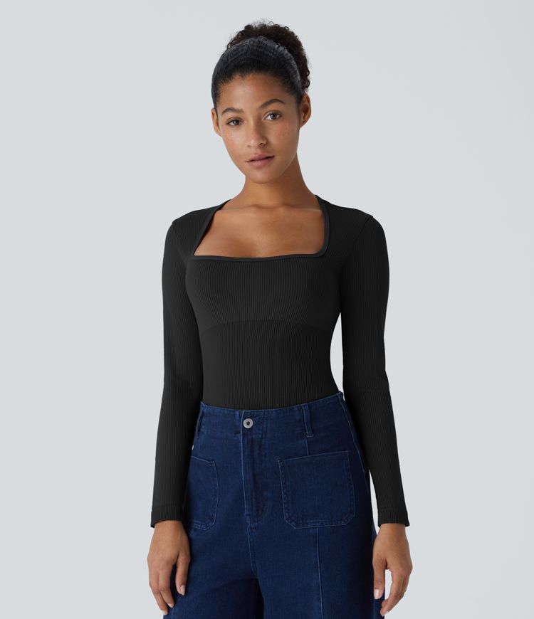 Body sans couture décontracté col carré à manches longues