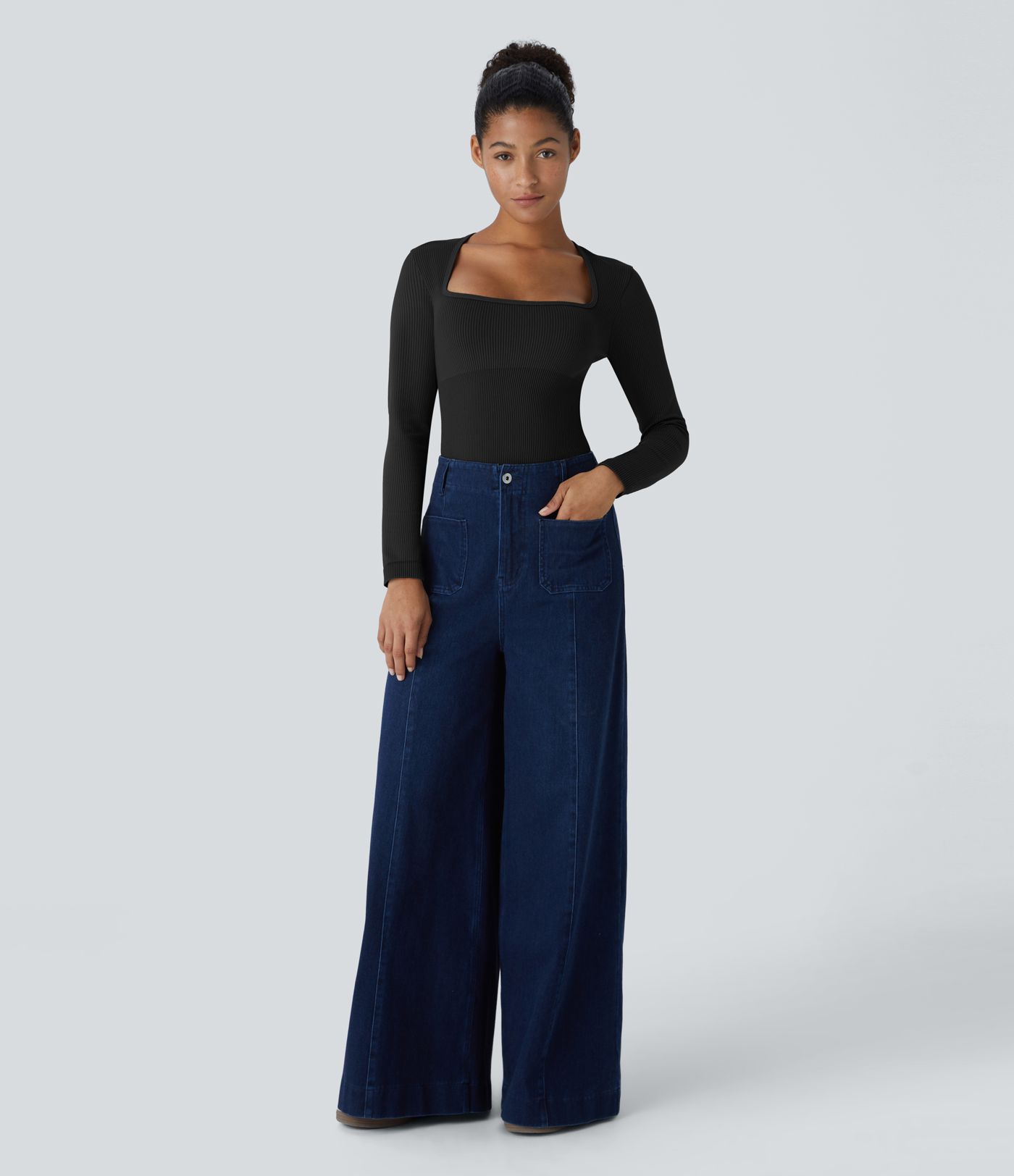 Body liso manga larga cuello cuadrado flujo sin costura