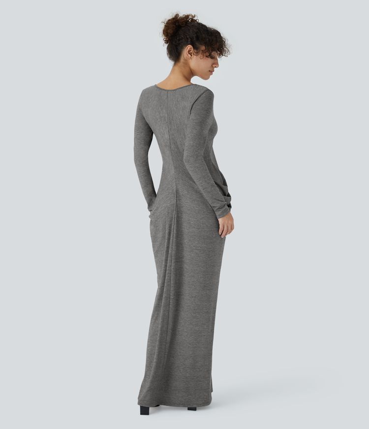 Pine V-neck long-sleeve layered ruched maxi casual dress