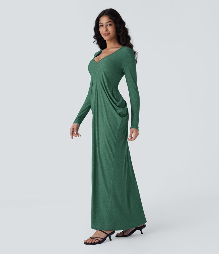 Deep V Neck Long Sleeve Stacked Ruched Maxi Casual Dress