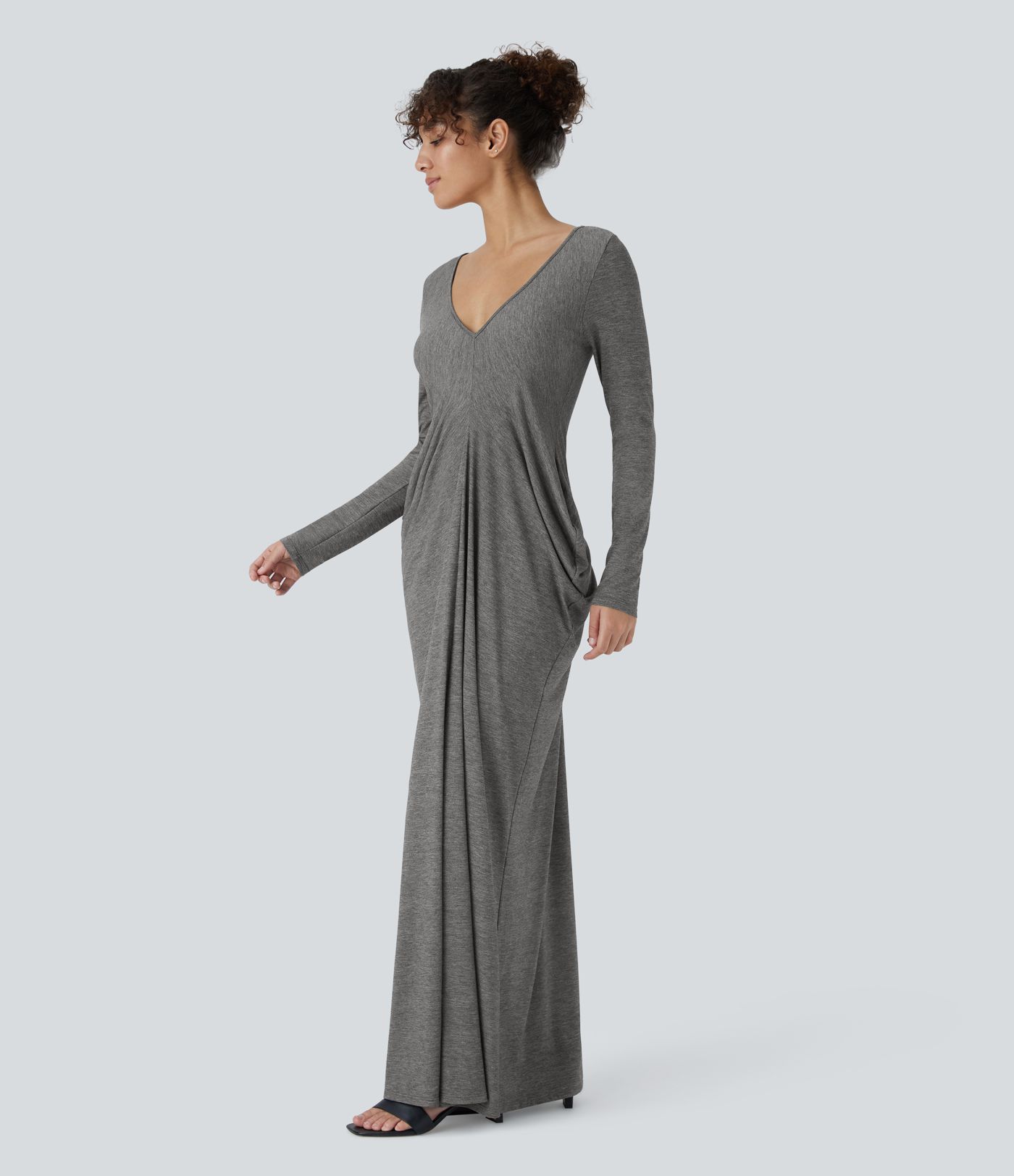 Pine v-neck long-sleeve layered ruched maxi casual dress