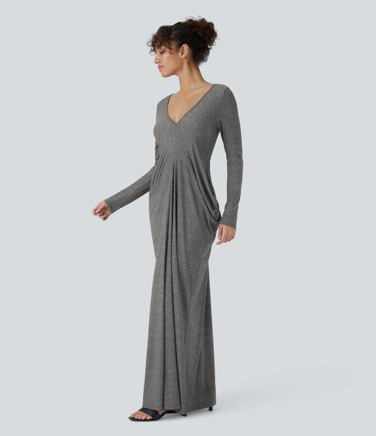 Pine V-neck long-sleeve layered ruched maxi casual dress