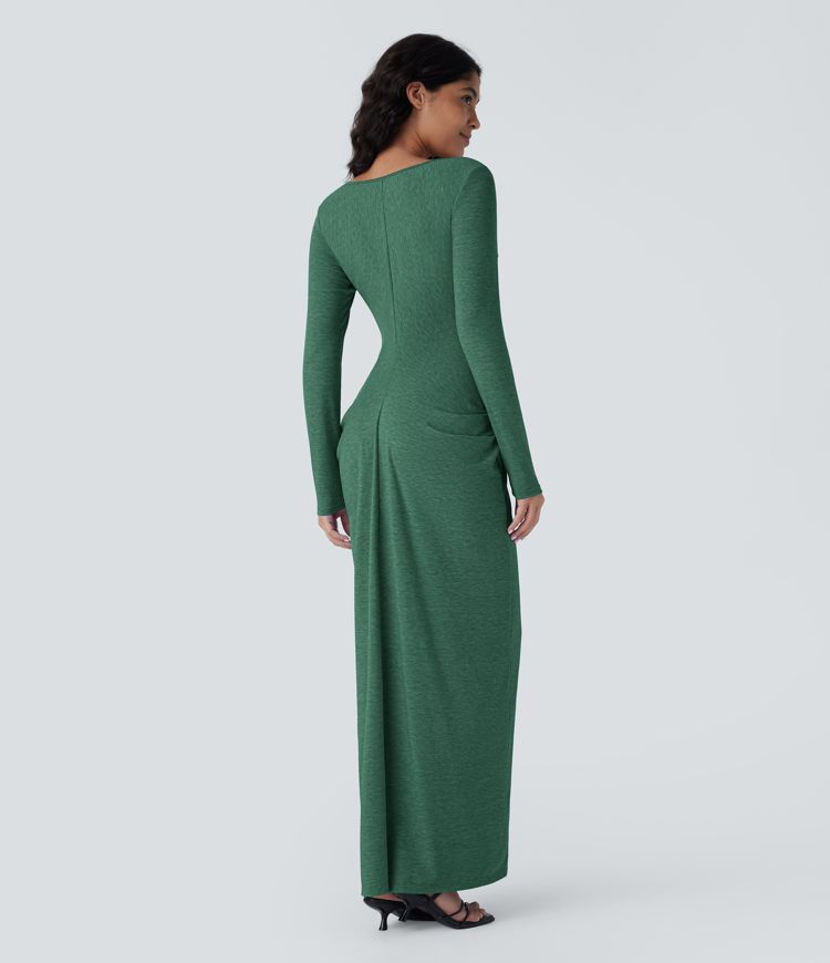 Deep V Neck Long Sleeve Stacked Ruched Maxi Casual Dress