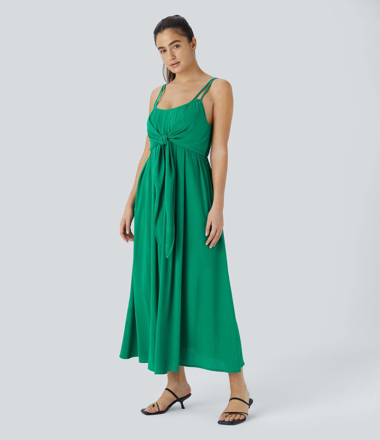 Double Adjustable Strap Tie Front Pleated Maxi Casual Slip Dress