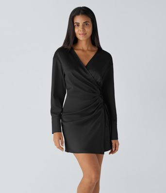 V Neck Long Sleeve Wrapped Lace Up Button Ruched Mini Satin Casual Shirt Dress