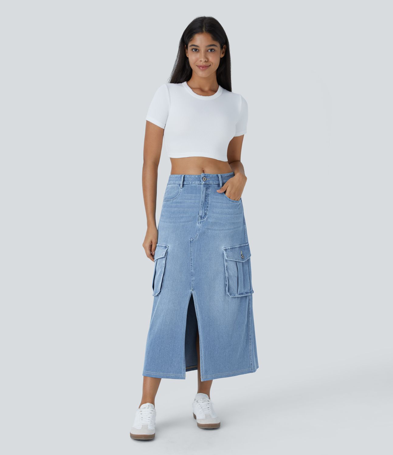 Halara Flex™ Mid-Waist Button Zipper Multiple Pocket Split A-Line Stretch Knit Denim Maxi Casual Cargo Skirt