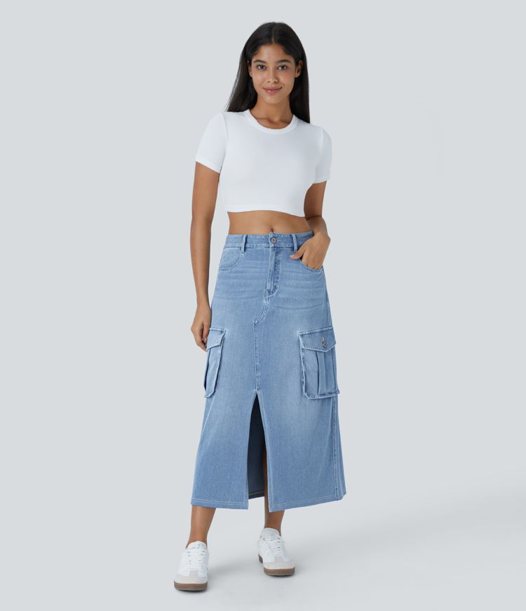 Halara Flex™ Mid-Waist Button Zipper Multiple Pocket Split A-Line Stretch Knit Denim Maxi Casual Cargo Skirt