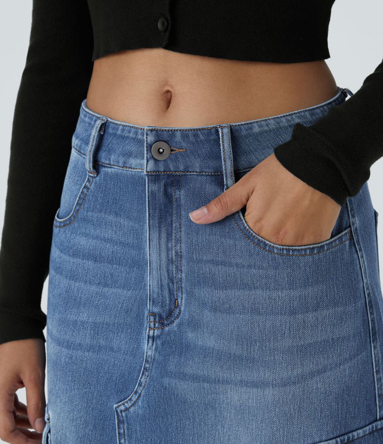 Halara Flex™ mid waist button zipper multiple pocket split A-line stretch knit denim maxi casual cargo skirt