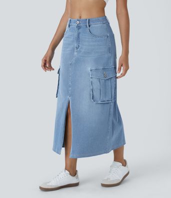 Halara Flex™ Mid-Waist Button Zipper Multiple Pocket Split A-Line Stretch Knit Denim Maxi Casual Cargo Skirt