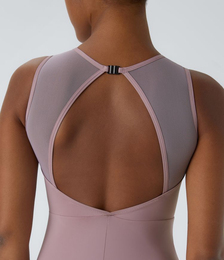 Round neck sleeveless backless mesh dance jumpsuit