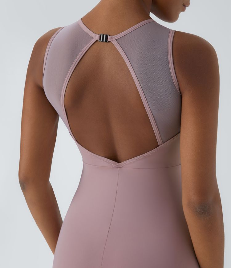Round neck sleeveless backless mesh dance jumpsuit