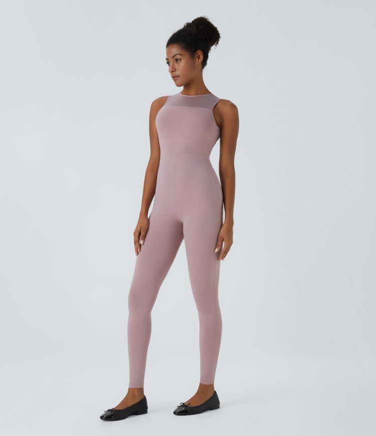 Round neck sleeveless backless mesh dance jumpsuit