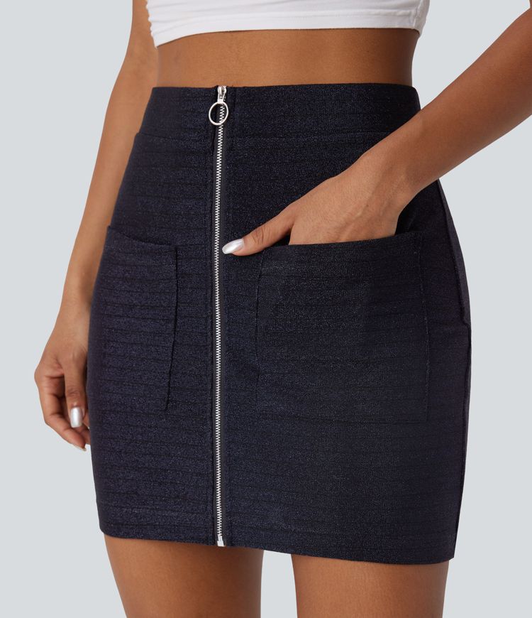 Minifalda casual ajustada de tiro alto con cremallera y bolsillos delanteros