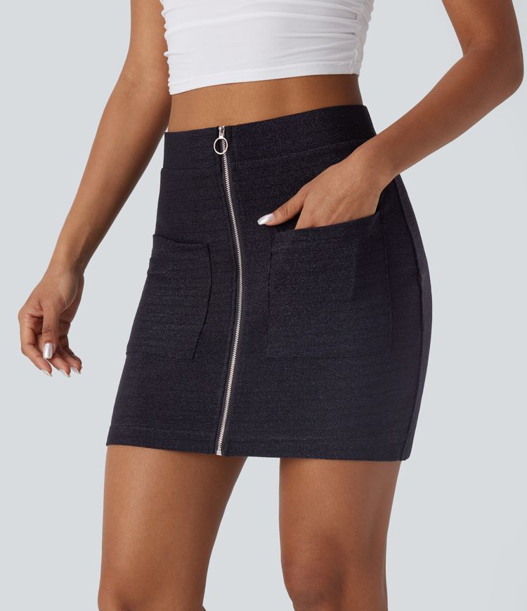 Minifalda casual ajustada de tiro alto con cremallera y bolsillos delanteros