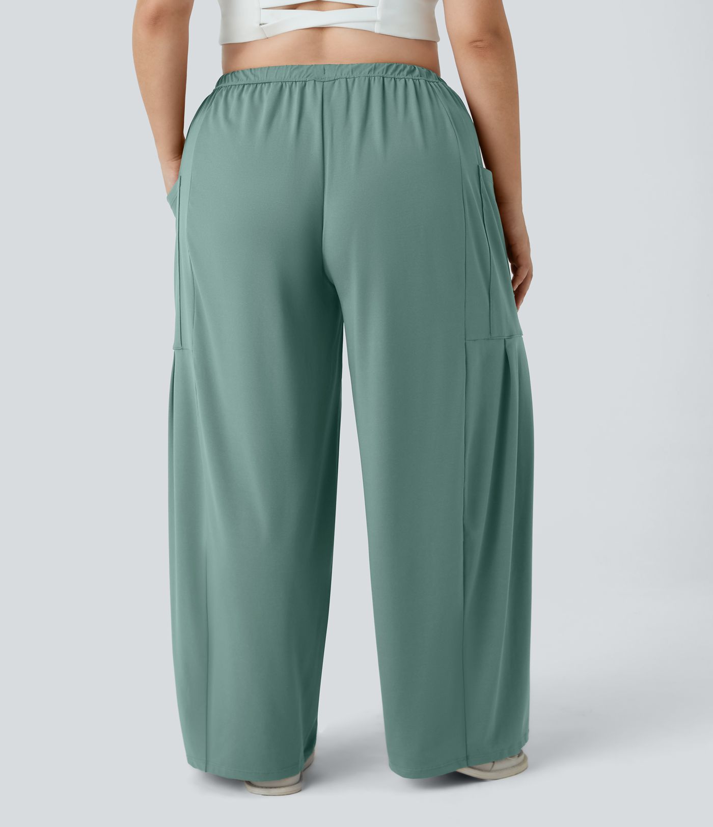 Plus-Size, fließende, lässige Palazzo-Hose mit mittelhohem, elastischem Bund, Kordelzug, Seitentaschen und weitem Bein