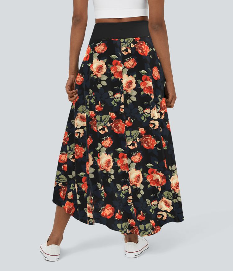 High Waisted High Low Ruffle 2-in-1 Floral Print Flowy Casual Regular Maxi Skirt