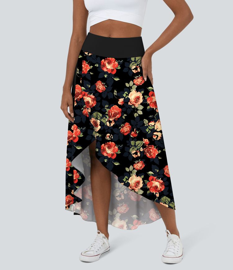 High Waisted High Low Ruffle 2-in-1 Floral Print Flowy Casual Regular Maxi Skirt