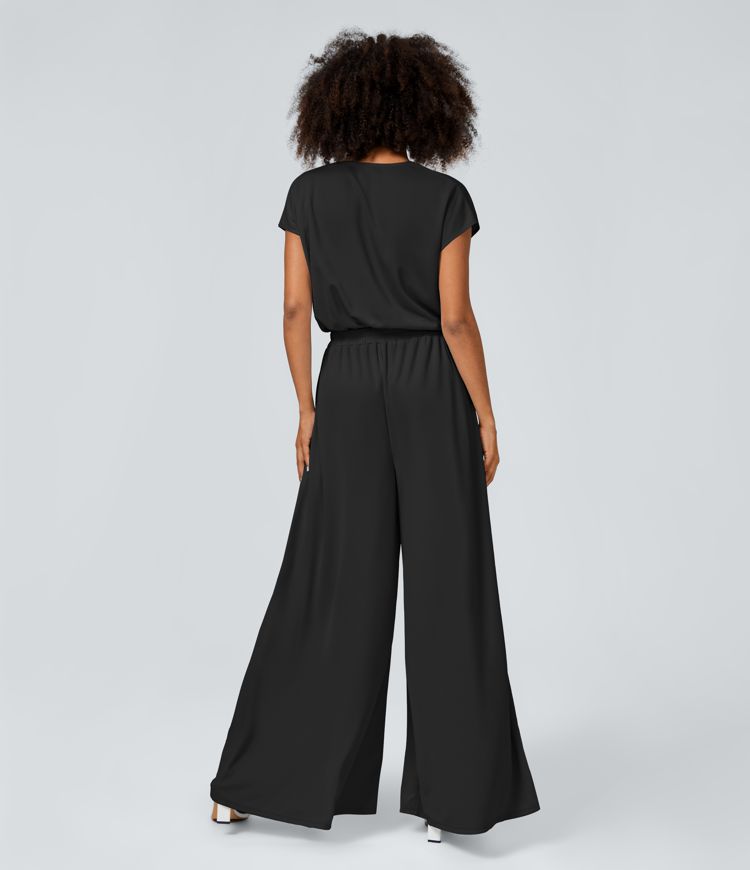V Neck Short Sleeve Plicated Side Pocket Wide Leg Flowy Waffle Casual Jumpsuit