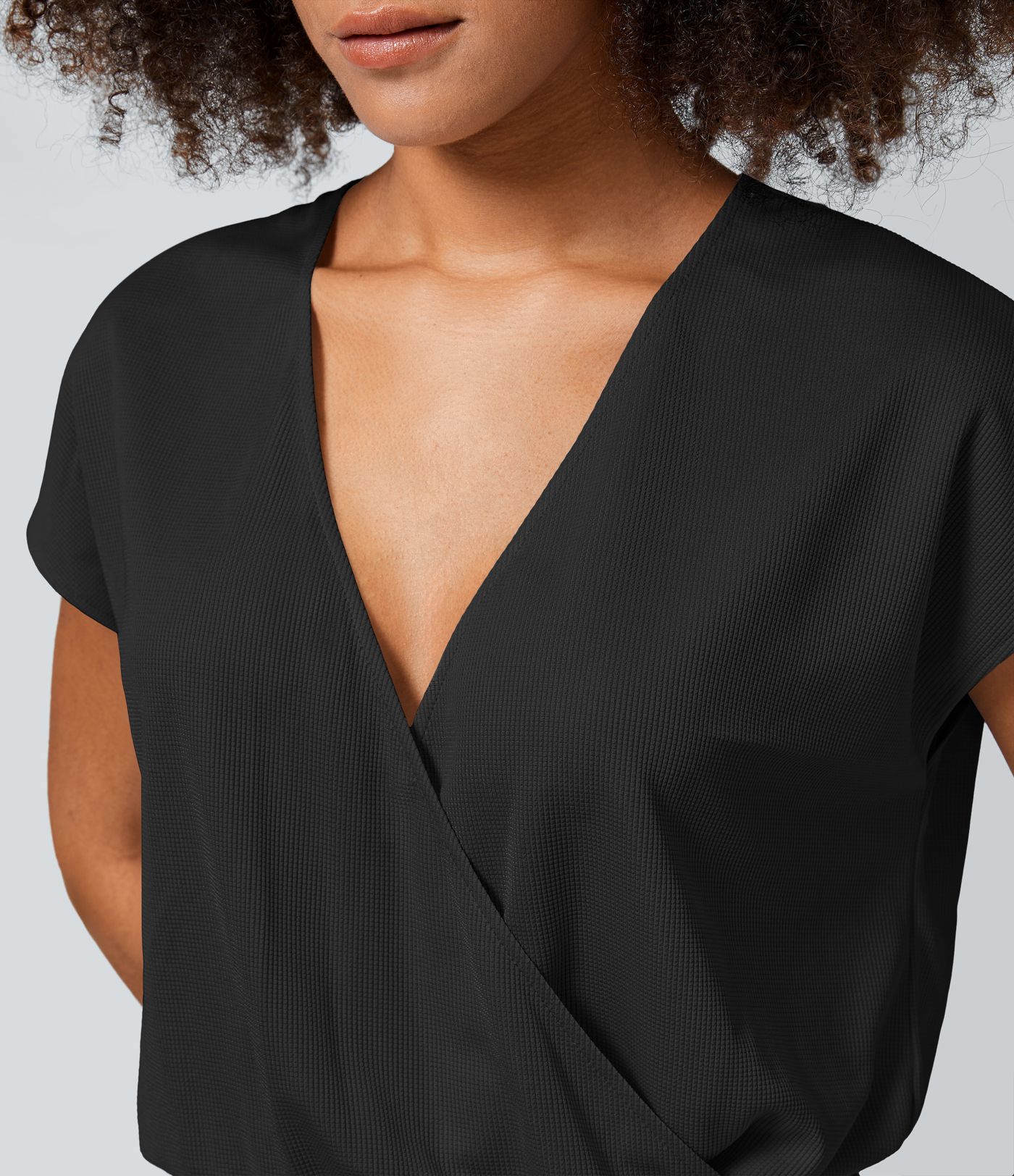 V Neck Short Sleeve Side Pocket Wide Leg Flowy Waffle Casual Jumpsuit