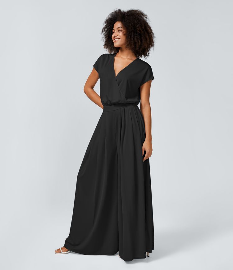 V Neck Short Sleeve Plicated Side Pocket Wide Leg Flowy Waffle Casual Jumpsuit