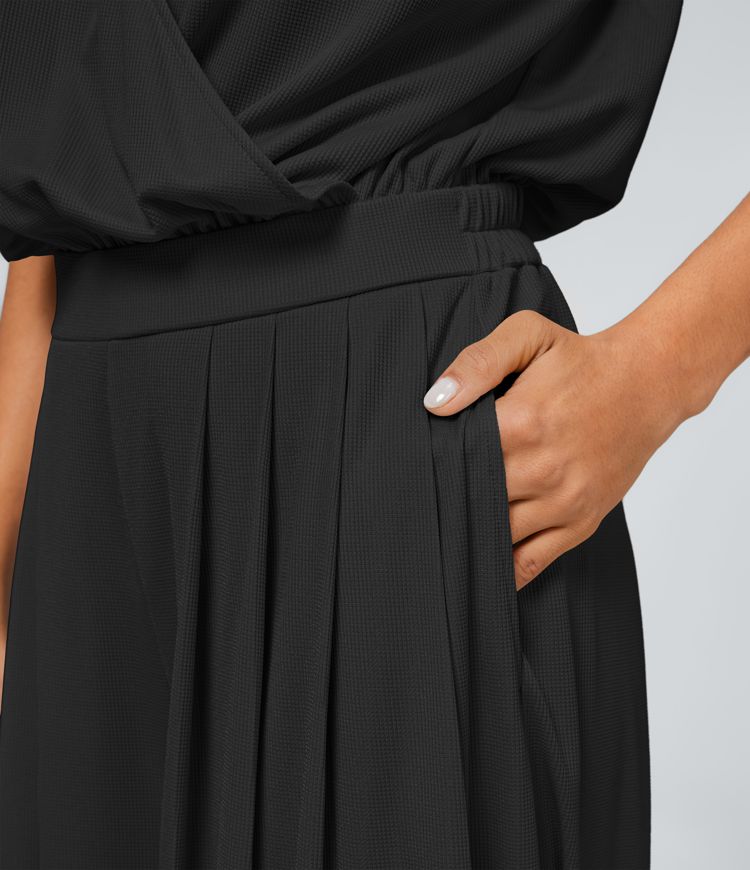 Women's V Neck Short Sleeve Side Pocket Wide Leg Flowy
