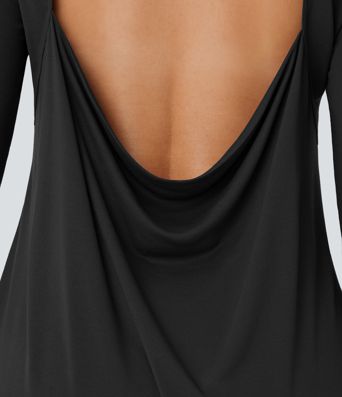 Cowl Back Round Neck Thumb Hole Curved Hem Yoga Sports Top